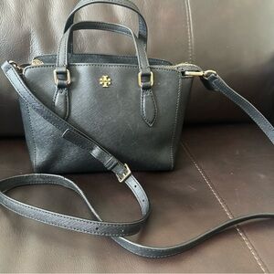 Tory Burch Saffiano Leather  Black East West MiniCrossbody Bag with Gold Accents